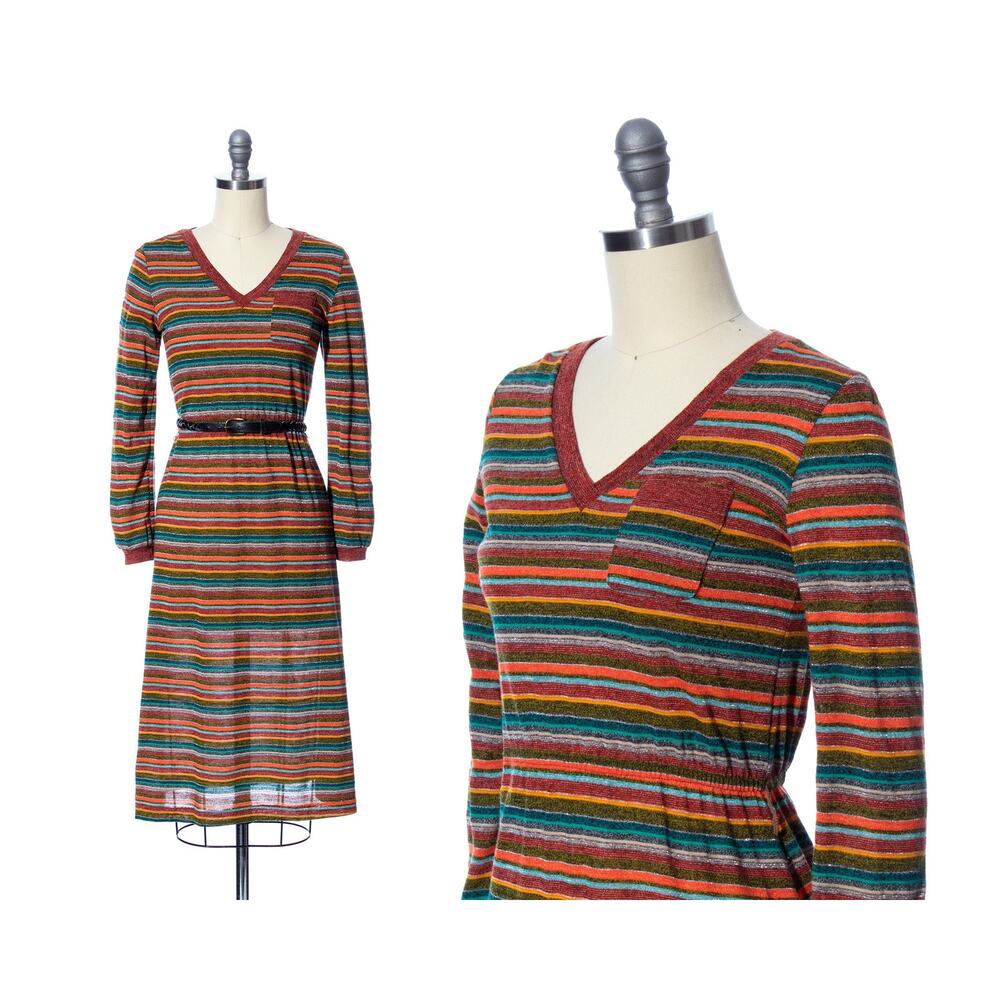 Vintage 1970s Sweater Dress 70s Rainbow Metallic Acrylic Jersey Knit Long Sleeve